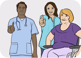A doctor, a nurse and a woman on a wheelchair smiling